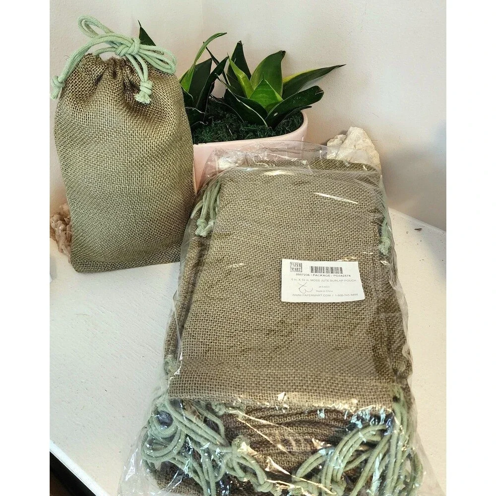 Moss Green Jute Burlap Drawstring Bags - 6